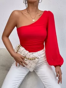 Chiquease One Shoulder Bishop Sleeve Ruched Bodysuit - Red - View 5