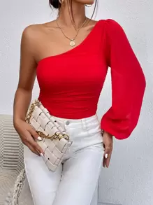 Chiquease One Shoulder Bishop Sleeve Ruched Bodysuit - Red - View 6