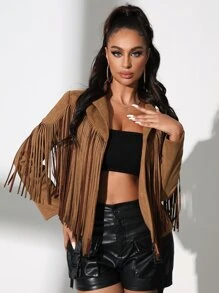 SHEIN SXY 流蘇邊西裝領麝皮夾克 - 棕色 - 查看 3