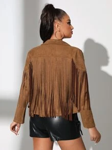 SHEIN SXY 流蘇邊西裝領麝皮夾克 - 棕色 - 查看 2