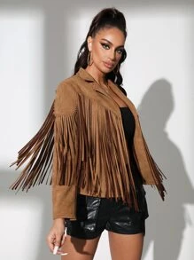 SHEIN SXY 流蘇邊西裝領麝皮夾克 - 棕色 - 查看 4