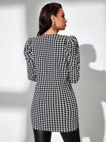 SHEIN SXY Houndstooth Print Gigot Sleeve Open Front Coat In Fall/Winter - Black and White - View 2