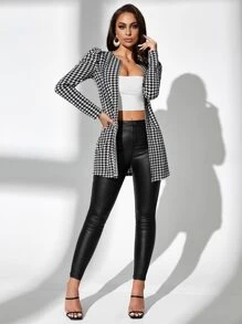 SHEIN SXY Houndstooth Print Gigot Sleeve Open Front Coat In Fall/Winter - Black and White - View 4