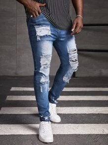 Manfinity VCAY Hombres Jeans ajustados desgarro algodón - Azul lavado medio - Ver 1