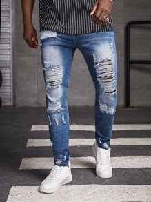 Manfinity VCAY Hombres Jeans ajustados desgarro algodón - Azul lavado medio - Ver 3