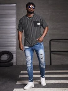 Manfinity VCAY Hombres Jeans ajustados desgarro algodón - Azul lavado medio - Ver 4