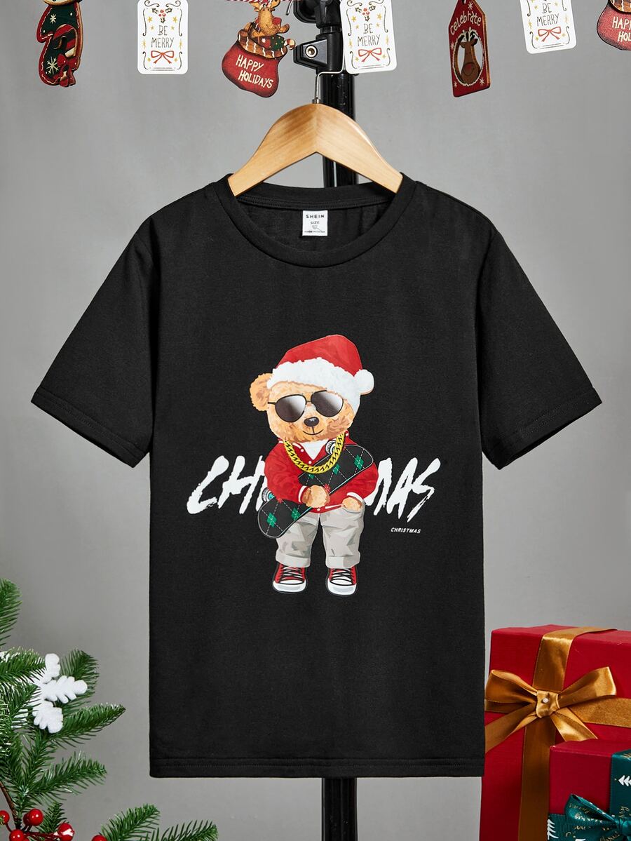 SHEIN Boys Christmas Print Tee - Black - View 1