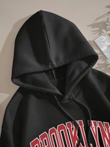 INAWLY Letter Graphic Drawstring Thermal Hoodie Pullover Fall Outfit - Black - View 5