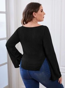 SHEIN Privé Plus Square Neck Flounce Sleeve Slit Hem Tee - Black - View 2