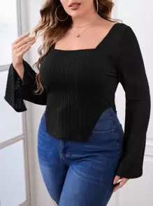 SHEIN Privé Plus Square Neck Flounce Sleeve Slit Hem Tee - Black - View 1