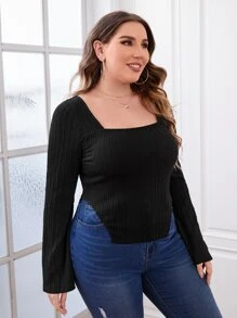 SHEIN Privé Plus Square Neck Flounce Sleeve Slit Hem Tee - Black - View 5