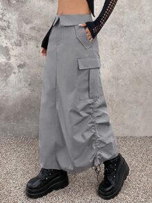 SHEIN ICON Falda cargo con bolsillo con solapa fruncido lateral bajo con cordón - Gris - Ver 5