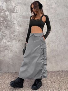 SHEIN ICON Falda cargo con bolsillo con solapa fruncido lateral bajo con cordón - Gris - Ver 1