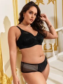 Plus Lace Panel Bow Front Push Up Bra - Black - View 3