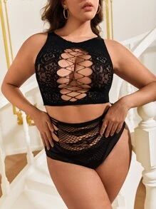 Classic Sexy Plus Hollow Out Lingerie Set Without Liner - Black - View 3