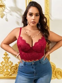 Plus Floral Lace Scallop Trim Underwire Bra - Burgundy - View 1