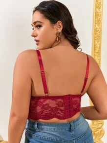 Plus Floral Lace Scallop Trim Underwire Bra - Burgundy - View 2