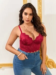 Plus Floral Lace Scallop Trim Underwire Bra - Burgundy - View 5