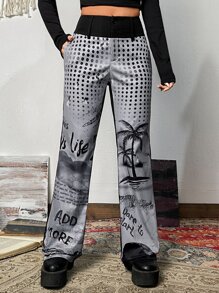 SHEIN ICON Slogan & Palm Tree Print Flare Leg Trousers - Multicolor - View 1