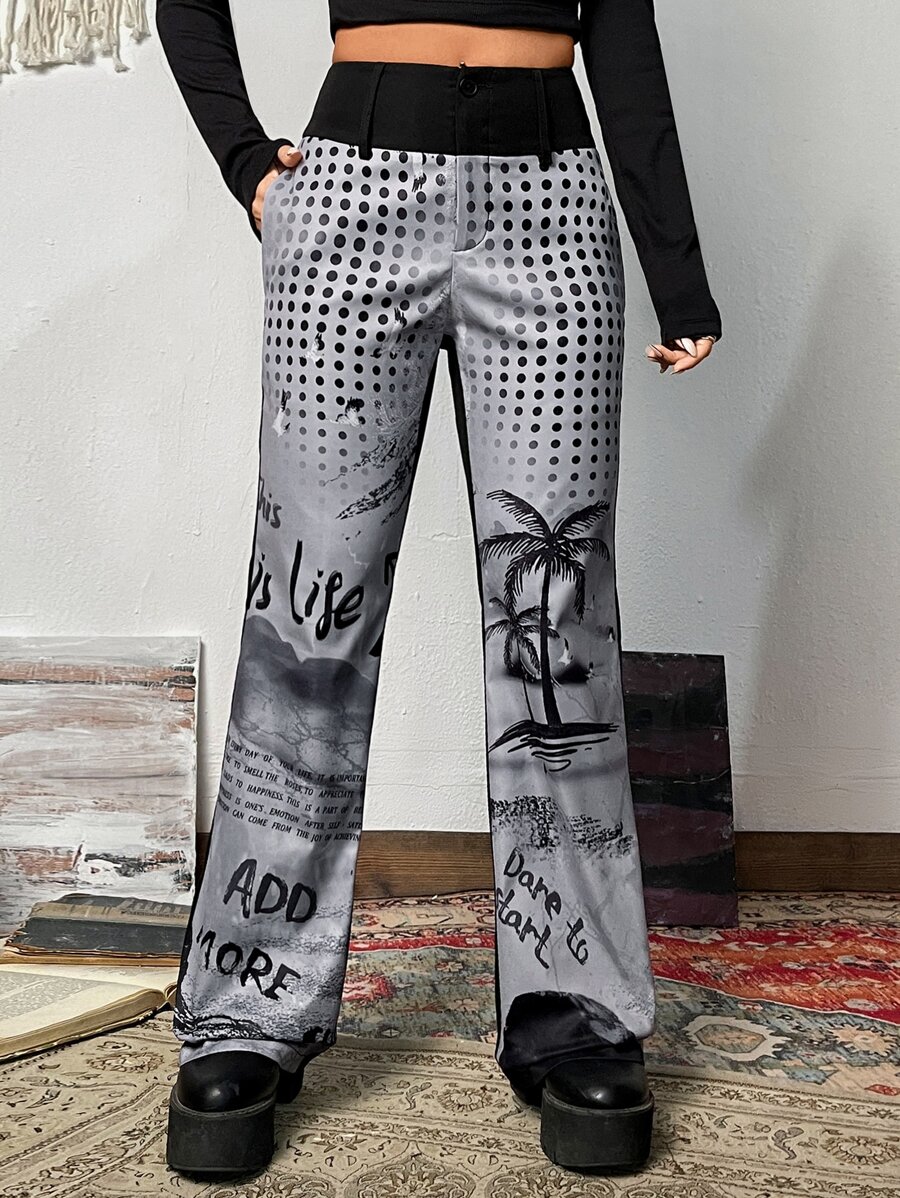 SHEIN ICON Slogan & Palm Tree Print Flare Leg Trousers - Multicolor - View 1