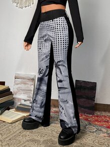 SHEIN ICON Slogan & Palm Tree Print Flare Leg Trousers - Multicolor - View 4