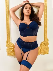 Classic Sexy 大碼4入組花卉蕾絲鏈條細節蝴蝶結吊帶襪鋼圈內衣套裝 - 藏蓝色 - 查看 1