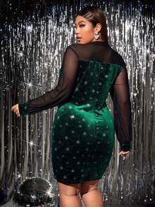 SHEIN SXY 大碼星星印花網紗拼接絲絨緊身連衣裙 - 墨綠色 - 查看 2