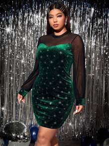 SHEIN SXY 大碼星星印花網紗拼接絲絨緊身連衣裙 - 墨綠色 - 查看 5