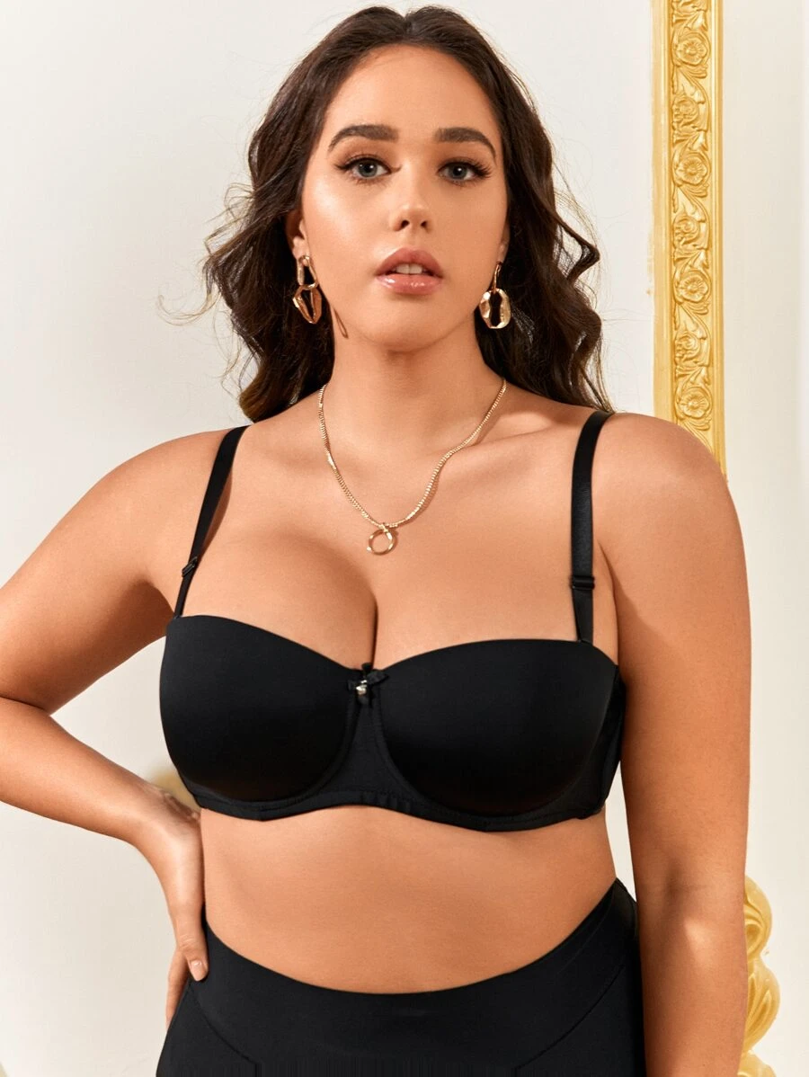 Plus Bow Front Push Up Bra - Black - View 1