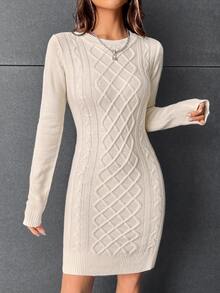 SHEIN Clasi Cable Knit Jumper Dress - Beige - View 3