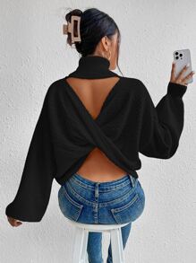 SHEIN Essnce 高領後扭結燈籠袖套頭毛衣 - 黑色 - 查看 2