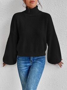 SHEIN Essnce 高領後扭結燈籠袖套頭毛衣 - 黑色 - 查看 3