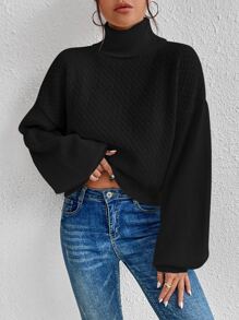 SHEIN Essnce 高領後扭結燈籠袖套頭毛衣 - 黑色 - 查看 4