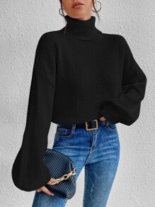 SHEIN Essnce 高領後扭結燈籠袖套頭毛衣 - 黑色 - 查看 5