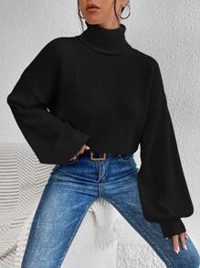 SHEIN Essnce 高領後扭結燈籠袖套頭毛衣 - 黑色 - 查看 6