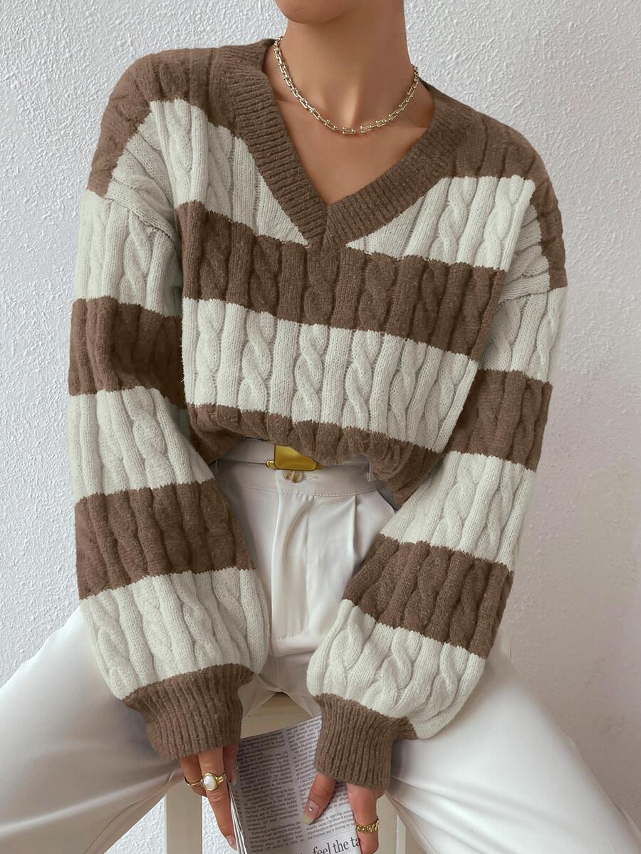 Chiquease Two Tone Cable Knit Drop Shoulder Jumper - Multicolor - View 1