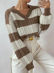 Chiquease Two Tone Cable Knit Drop Shoulder Jumper - Multicolor - View 4