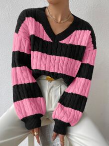 Chiquease Jersey de dos tonos tejido de cable de hombros caídos