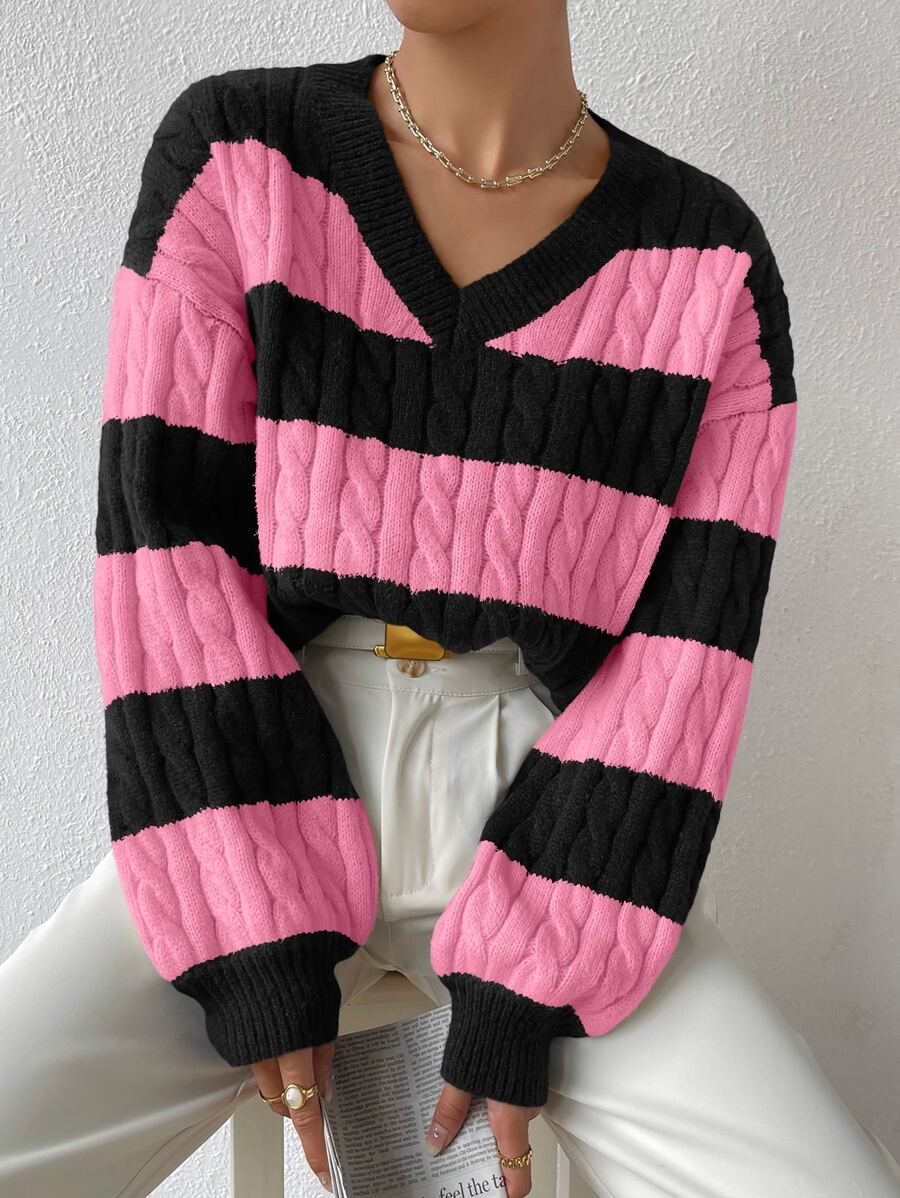 Chiquease Jersey de dos tonos tejido de cable de hombros caídos