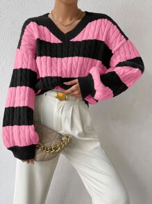 Chiquease Jersey de dos tonos tejido de cable de hombros caídos