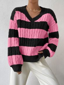 Chiquease Jersey de dos tonos tejido de cable de hombros caídos