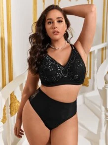 Plus Size Fantasy Elegant Black Lace Print Criss Cross Bralette - Black - View 5