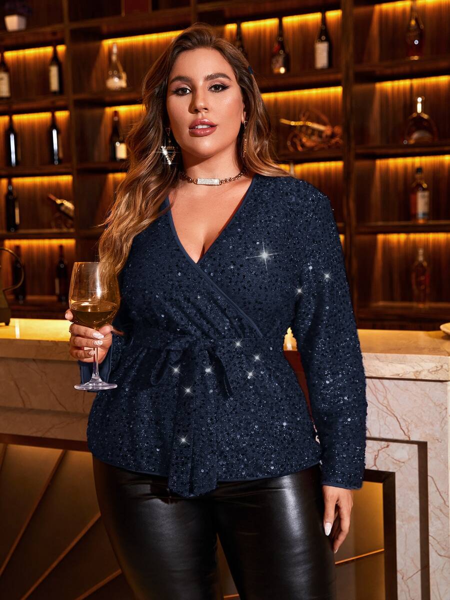 SHEIN Privé Plus Surplice Neck Belted Sequin Blouse - Navy Blue - View 1