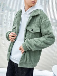 Manfinity Hypemode 男士實色寬鬆teddy夾克外套,帶有翻蓋口袋 - 薄荷綠 - 查看 3