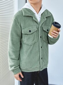 Manfinity Hypemode 男士實色寬鬆teddy夾克外套,帶有翻蓋口袋 - 薄荷綠 - 查看 4