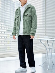 Manfinity Hypemode 男士實色寬鬆teddy夾克外套,帶有翻蓋口袋 - 薄荷綠 - 查看 5