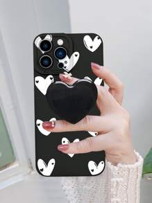Heart Print Phone Case With Stand-Out Phone Grip - Black and White - View 1
