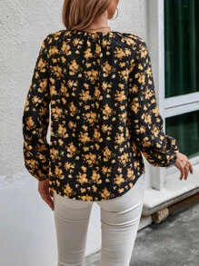 SHEIN LUNE 印花繫帶領襯衫 - 黑色 - 查看 2