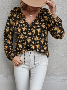 SHEIN LUNE 印花繫帶領襯衫 - 黑色 - 查看 3