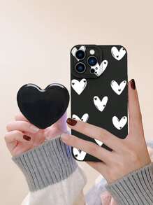 Heart Print Phone Case With Stand-Out Phone Grip - Black and White - View 3